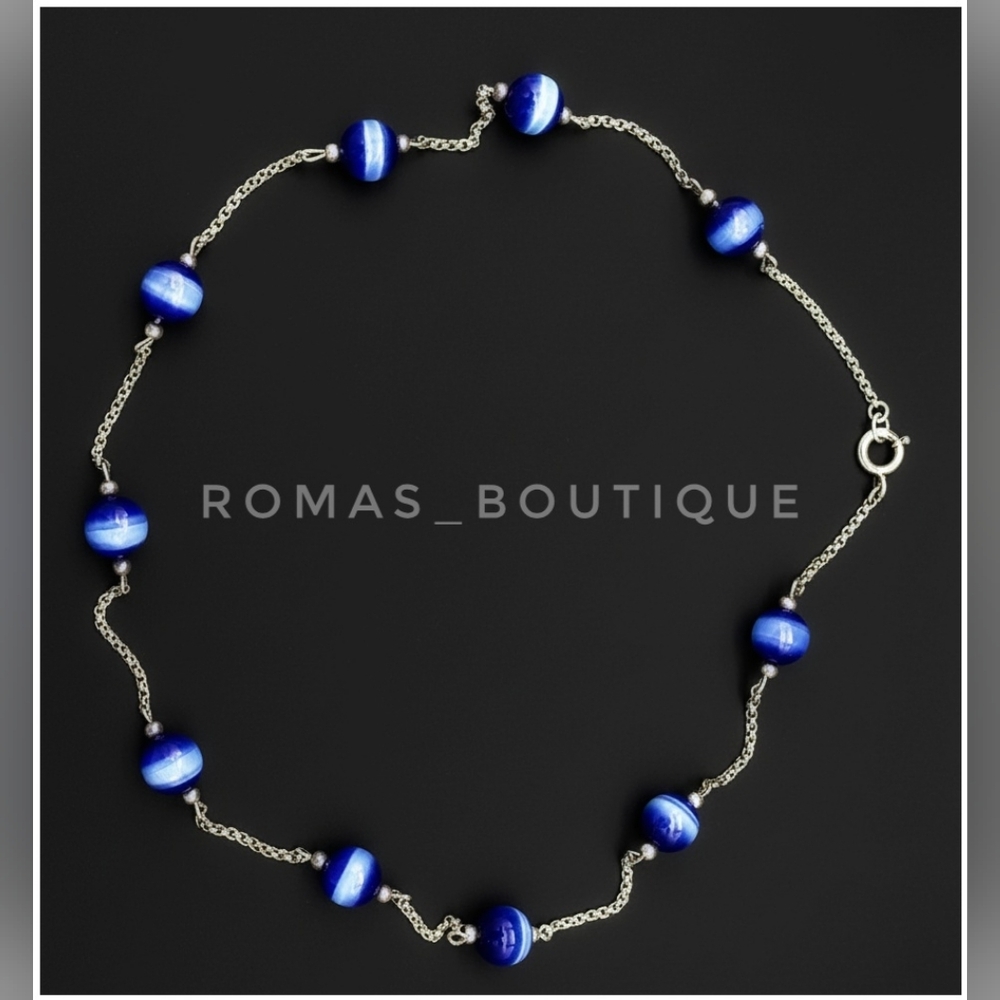 Elegant Blue Glass Beaded Sterling Silver 925 Necklace